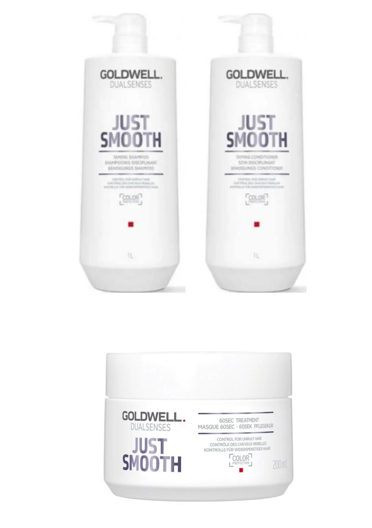 Goldwell Dualsenses Just Smooth pump shampoo bottles and 200 ml treatment jar