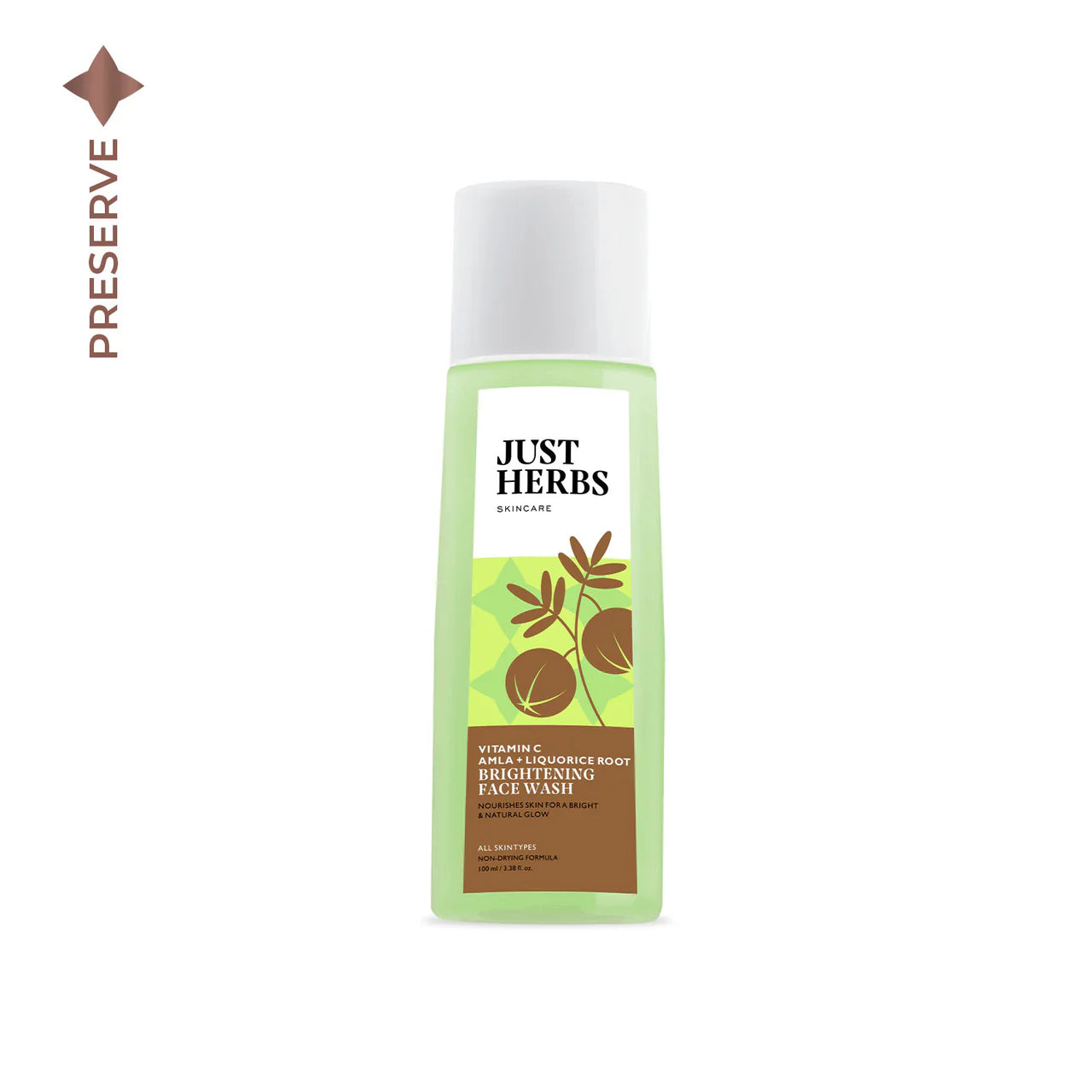 Just Herbs brightening face wash bottle with green and brown label, 100 ml