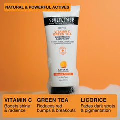 Vitamin C green tea face wash tube, white tube with orange and green label text