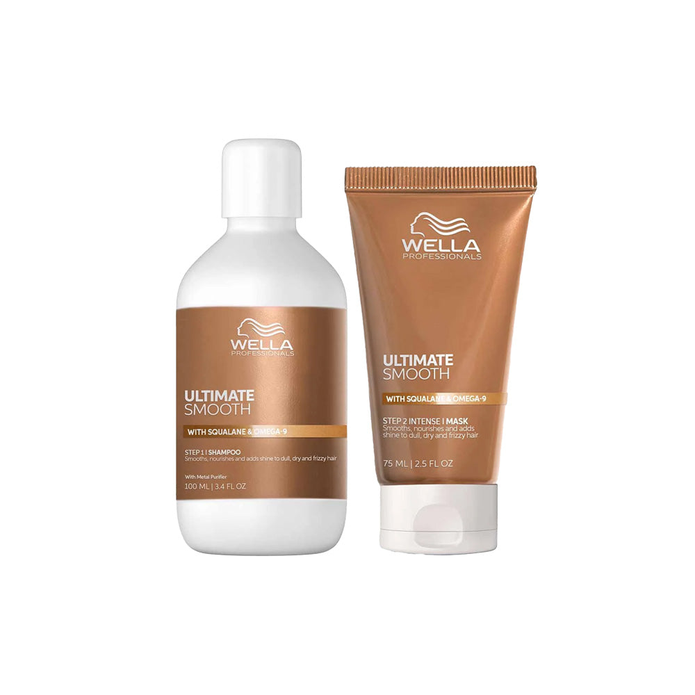Travel size shampoo and mask duo: Wella white bottle and brown mask tube