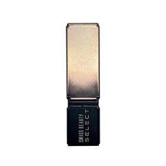Swiss Beauty matte lipstick with gold tinted cap and black base, closed view