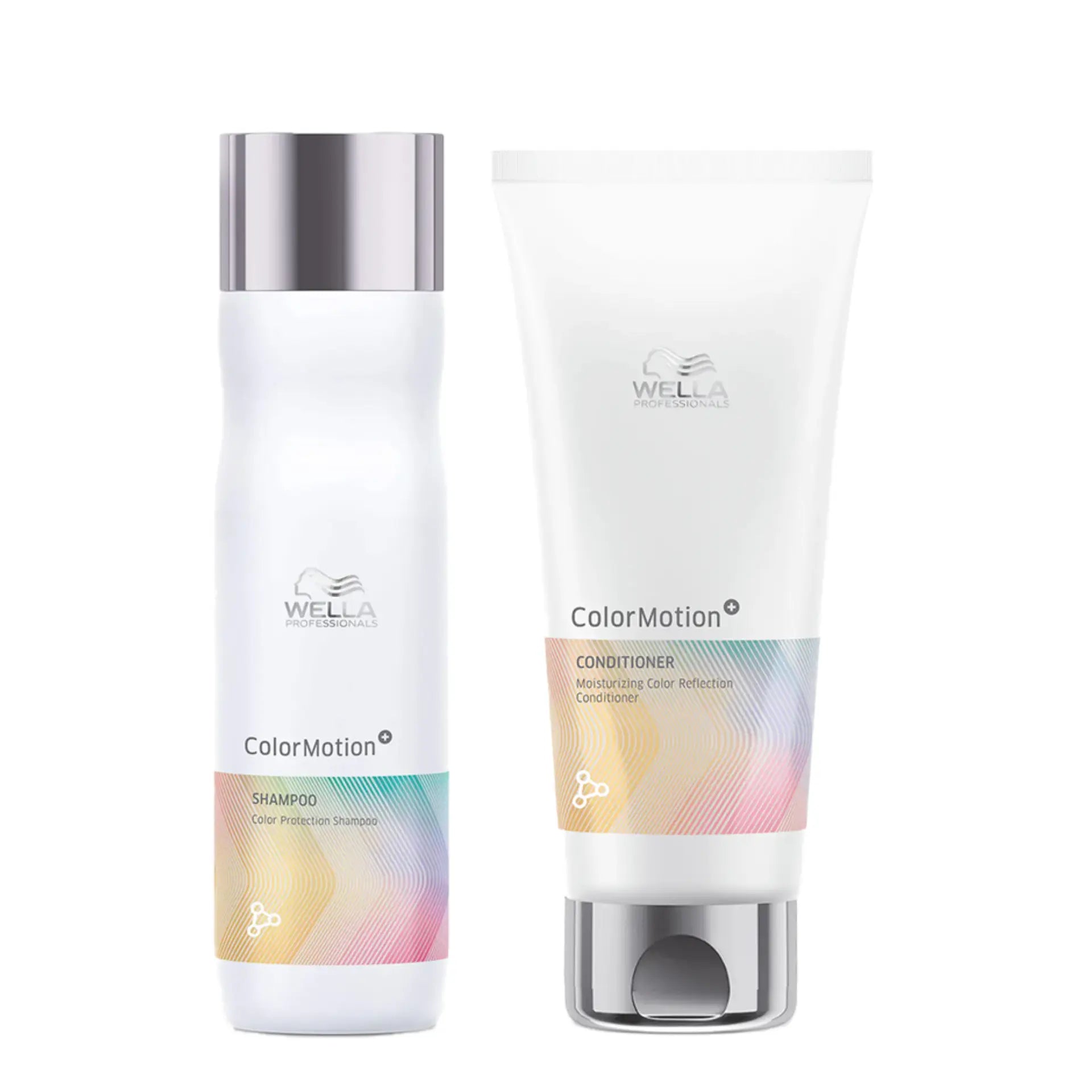 Shampoo and conditioner bottles with ColorMotion+ branding, white pump and squeeze tube