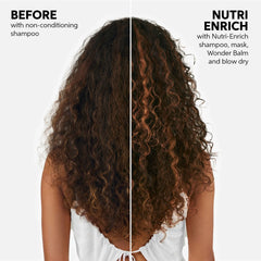Curly dark-brown hair with side-by-side split showing hair texture comparison