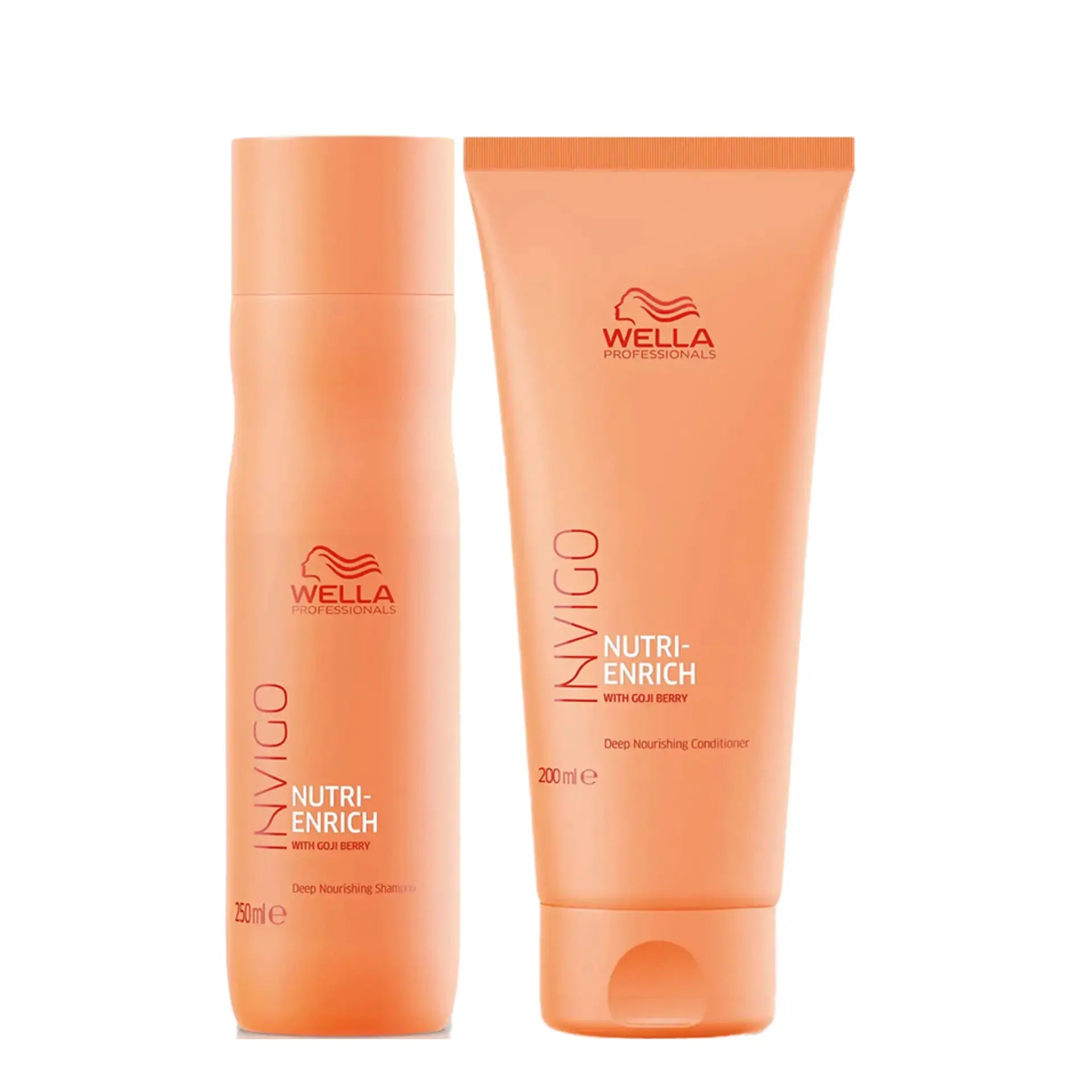 Wella Invigo Nutri Enrich deep nourishing shampoo and conditioner bottles, orange