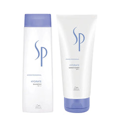 Hydrate shampoo and conditioner bottles, white with blue accents, SP branding