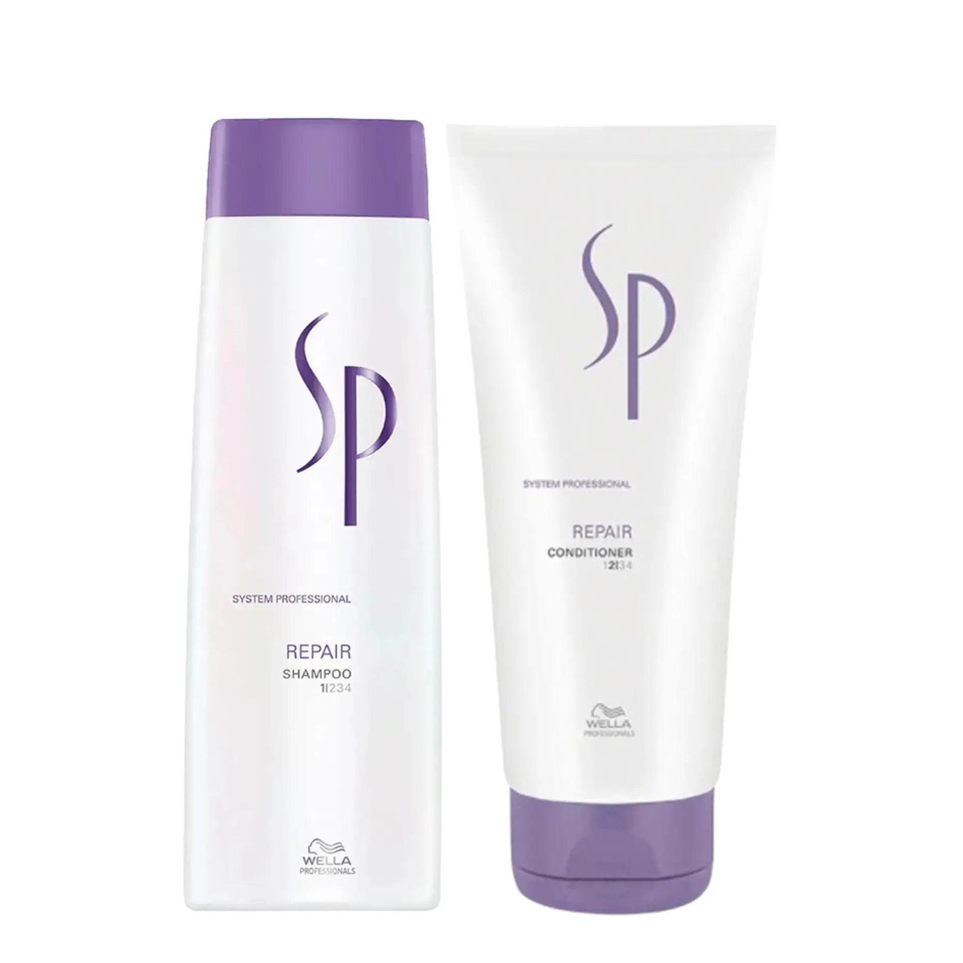 Wella SP repair shampoo and conditioner bottles, white with purple caps