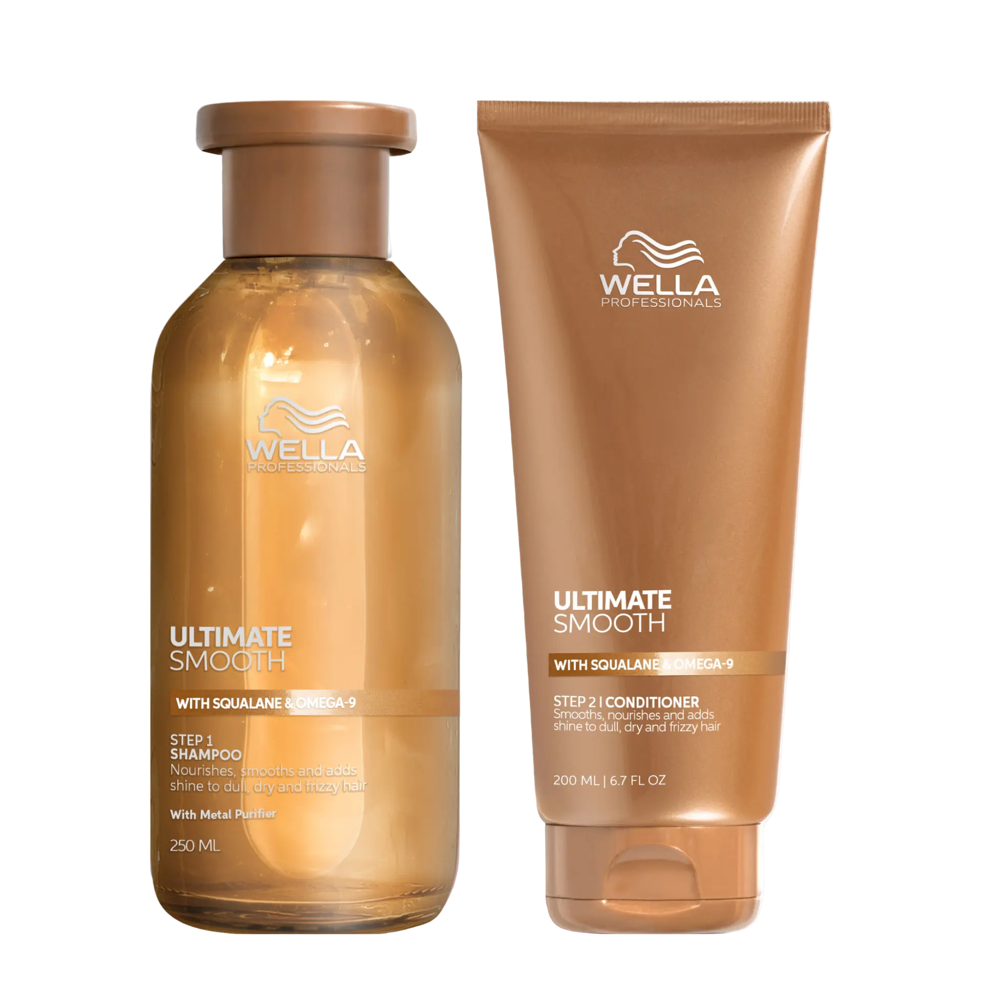 Wella Professionals Ultimate Smooth shampoo bottle and conditioner tube, amber.