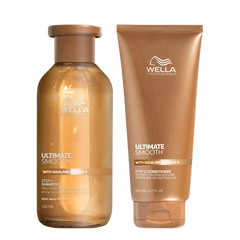 Wella Professionals Ultimate Smooth shampoo bottle and conditioner tube, amber.