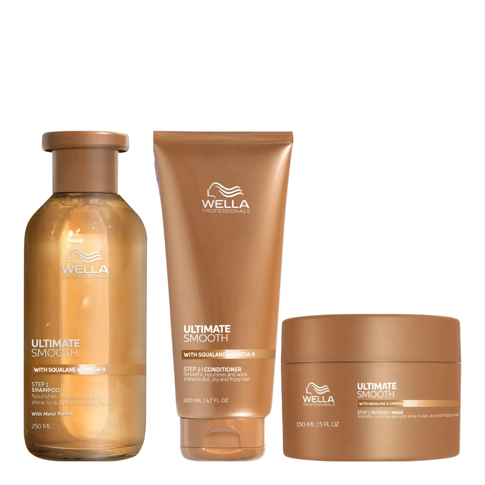 Hair care bundle with Wella Ultimate Smooth shampoo bottle, conditioner tube, mask jar
