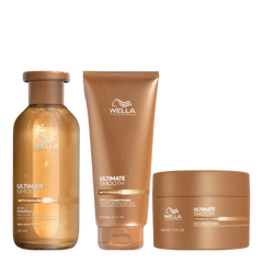 Hair care bundle with Wella Ultimate Smooth shampoo bottle, conditioner tube, mask jar