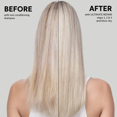 Split-view hair strands, lighter blonde top and darker hair below.
