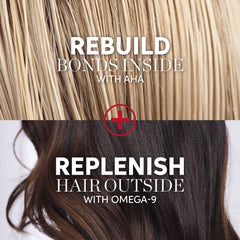 Hair strand close-up with AHA bond repair and OMEGA-9 replenishment text