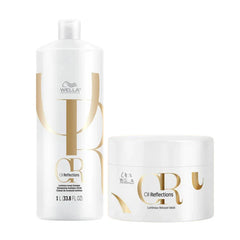 Wella Oil Reflections shampoo bottle and luminous mask jar, white containers with pump