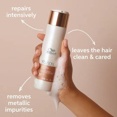 Shampoo bottle with white body and rose-gold cap, held in a hand