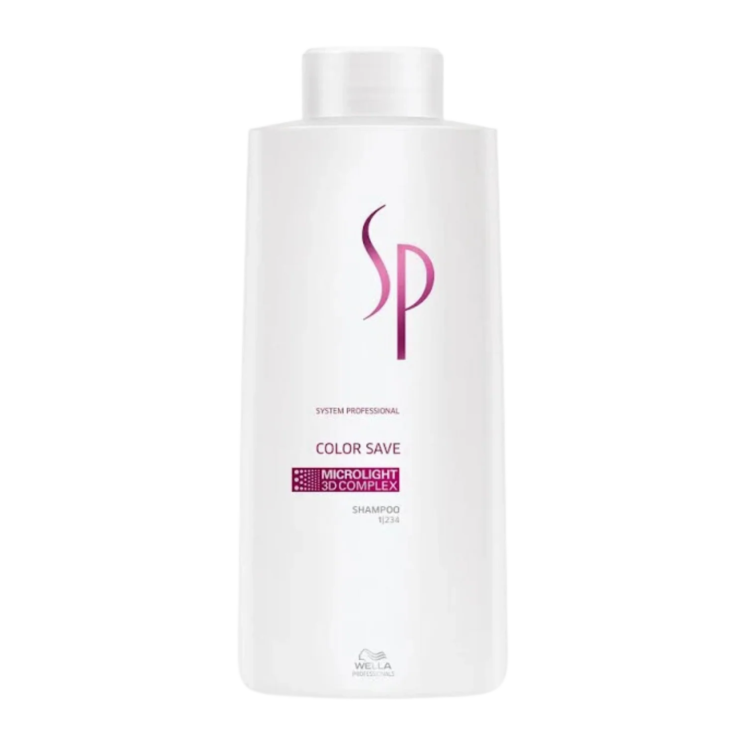 Wella SP Color Save shampoo bottle, white with SP logo and Microlight system label