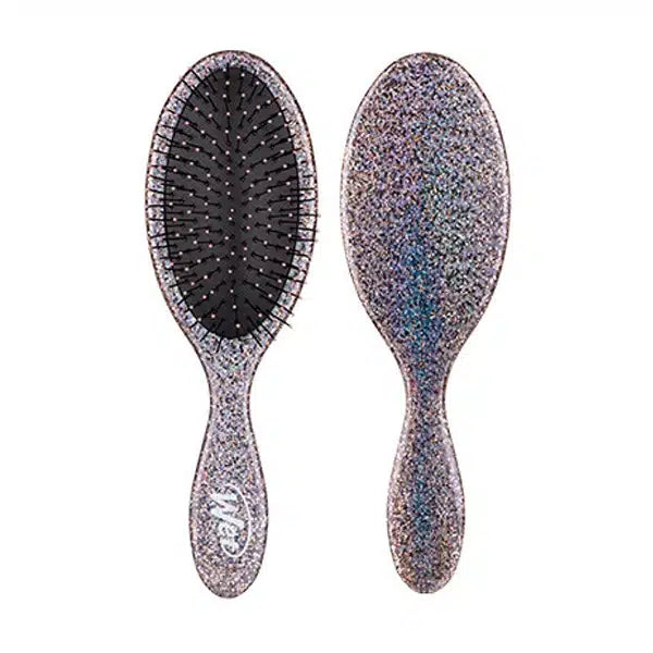 Glitter detangling hair brush with oval cushioned pad and fine bristles