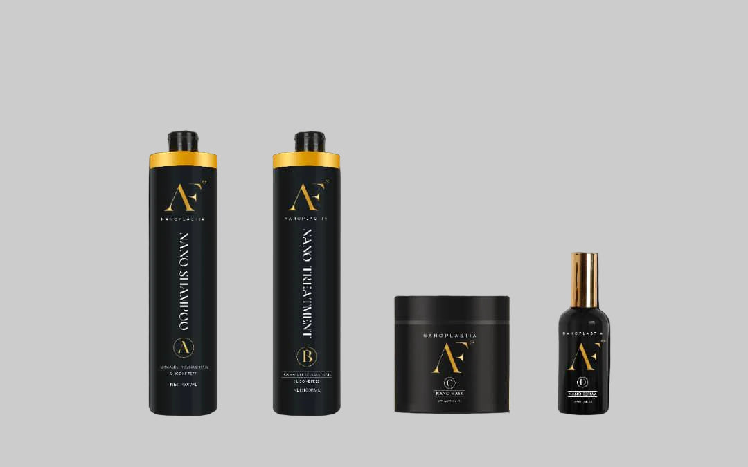Hair care set with shampoo & treatment bottles, mask jar, and serum bottle