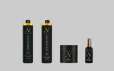 Hair care set with shampoo & treatment bottles, mask jar, and serum bottle