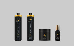 Hair care set with shampoo & treatment bottles, mask jar, and serum bottle