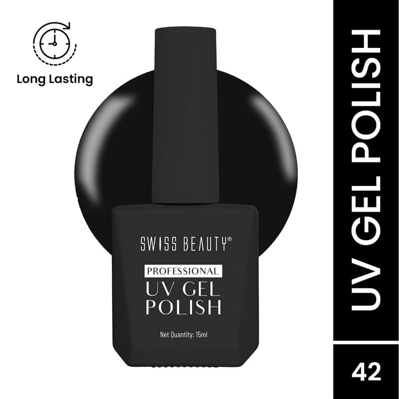 Black UV gel nail polish bottle, Swiss Beauty Professional, shade 42, 15ml