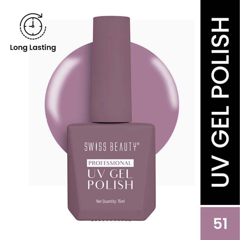 Purple UV gel nail polish bottle with cap and Swiss Beauty label.