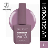 Purple UV gel nail polish bottle with cap and Swiss Beauty label.