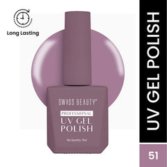 Purple UV gel nail polish bottle with cap and Swiss Beauty label.