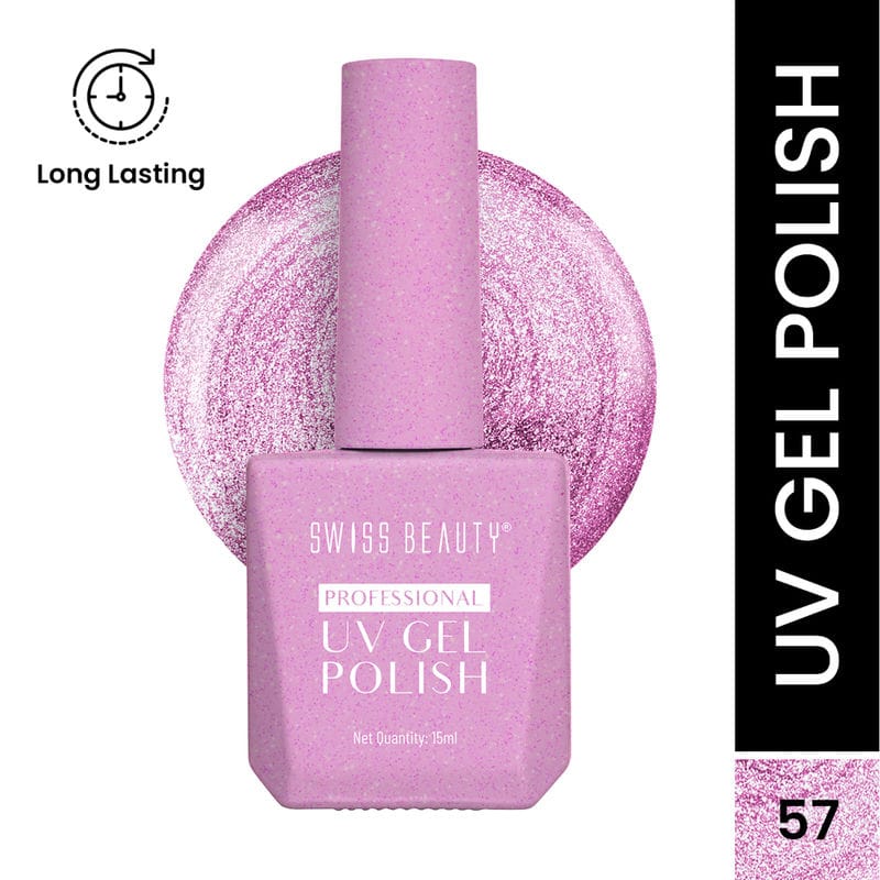 Purple UV gel nail polish bottle with glitter finish, cap and label visible