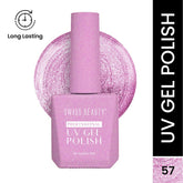 Purple UV gel nail polish bottle with glitter finish, cap and label visible