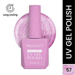 Purple UV gel nail polish bottle with glitter finish, cap and label visible