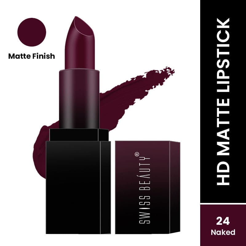 Swiss Beauty HD Matte Lipstick in dark maroon, bullet and black rectangular case