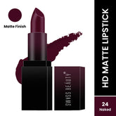 Swiss Beauty HD Matte Lipstick in dark maroon, bullet and black rectangular case