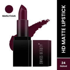 Swiss Beauty HD Matte Lipstick in dark maroon, bullet and black rectangular case