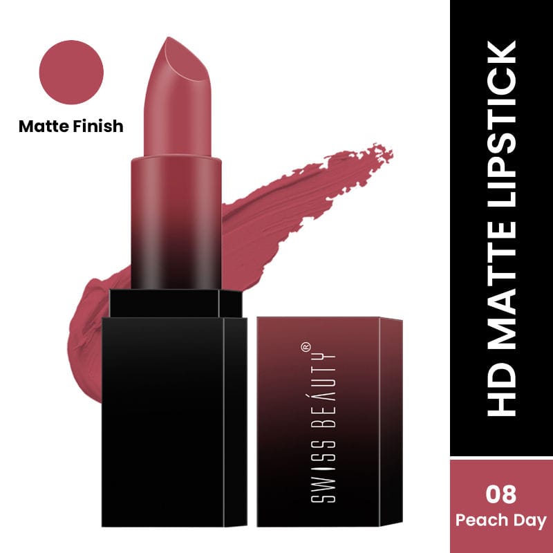 Matte bullet lipstick in dark peachy mauve, with open case and lip swatch