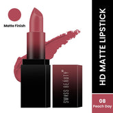 Matte bullet lipstick in dark peachy mauve, with open case and lip swatch