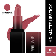 Matte bullet lipstick in dark peachy mauve, with open case and lip swatch