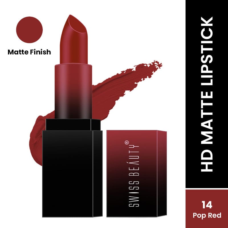 HD matte lipstick in Pop Red shade No.14 with bullet, black case, and box packaging