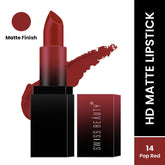 HD matte lipstick in Pop Red shade No.14 with bullet, black case, and box packaging
