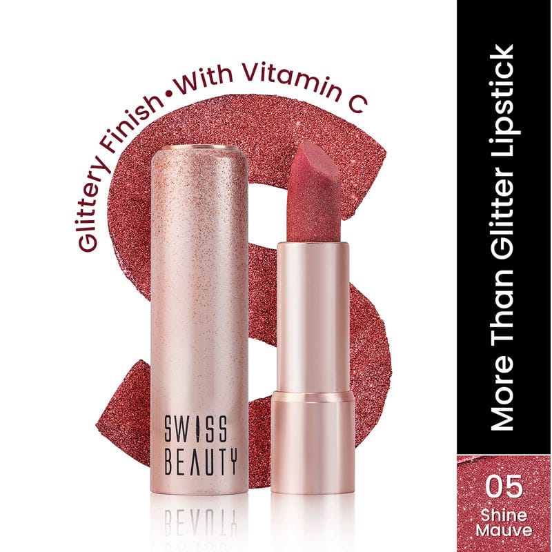 Glitter lipstick in mauve with rose-gold tube and exposed bullet applicator.