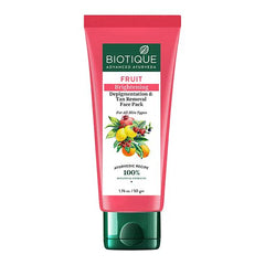 Biotique Fruit Brightening face pack tube with red cap, green base and front label