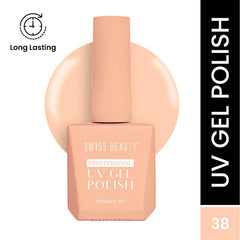 UV gel nail polish bottle in light peach shade 38, cap on.