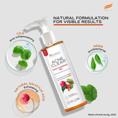 Acne Clear+ face cleansing gel bottle with pump beside green leaves and berries