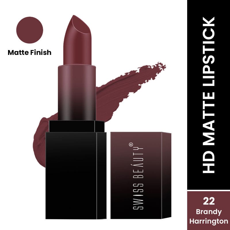 HD matte lipstick shade 22 Brandy Harrington, dark berry-brown in black case