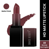 HD matte lipstick shade 22 Brandy Harrington, dark berry-brown in black case