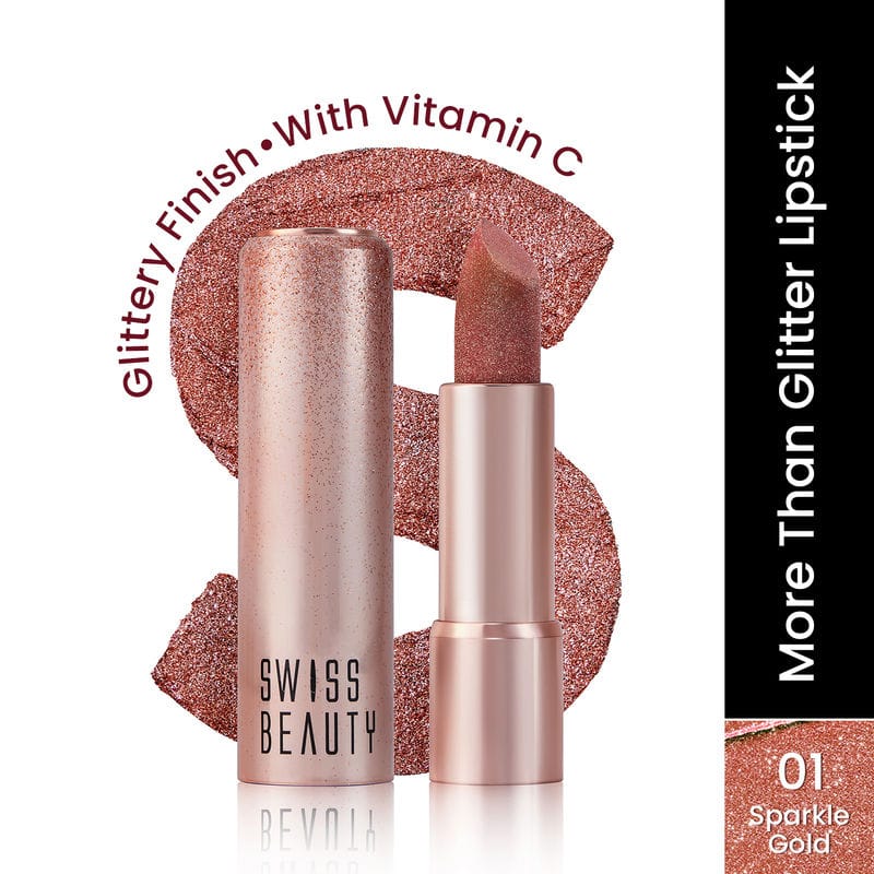 Swiss Beauty glitter lipstick shade 01 Sparkle Gold in rose-gold shimmer tube and bullet