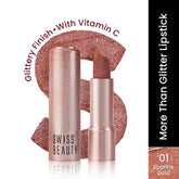 Swiss Beauty glitter lipstick shade 01 Sparkle Gold in rose-gold shimmer tube and bullet