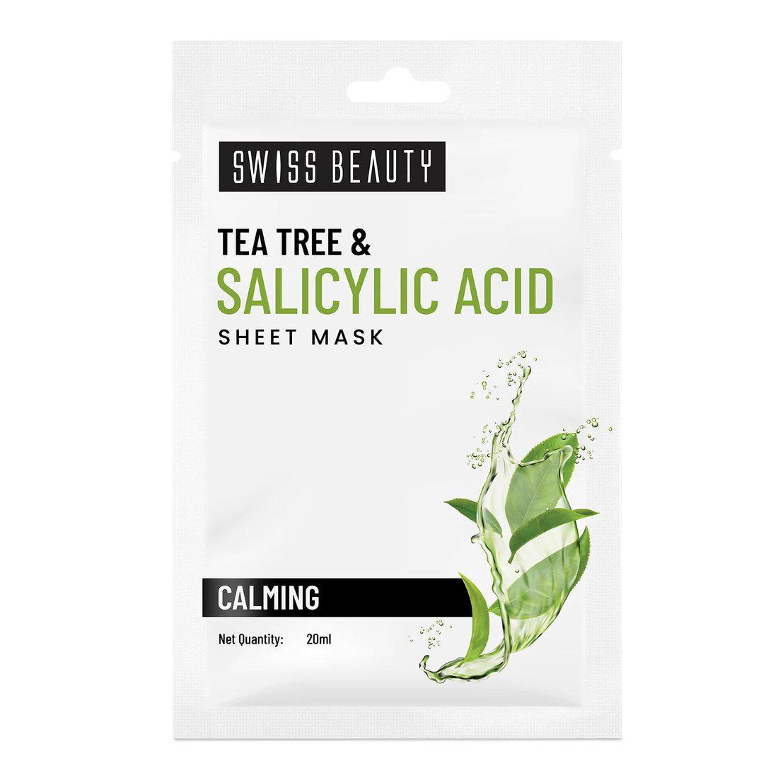 Swiss Beauty tea tree & salicylic acid sheet mask packet, calming label