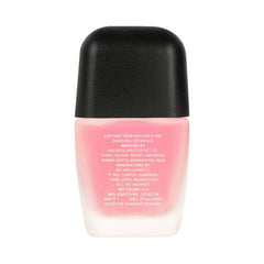 Matte nail lacquer bottle back label on pink flamingo shade with black cap