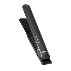 Mini cordless hair straightener, black body with temperature icons and round power button