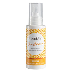 Protective hair oil bottle with pump, orange patterned label, 90 ml
